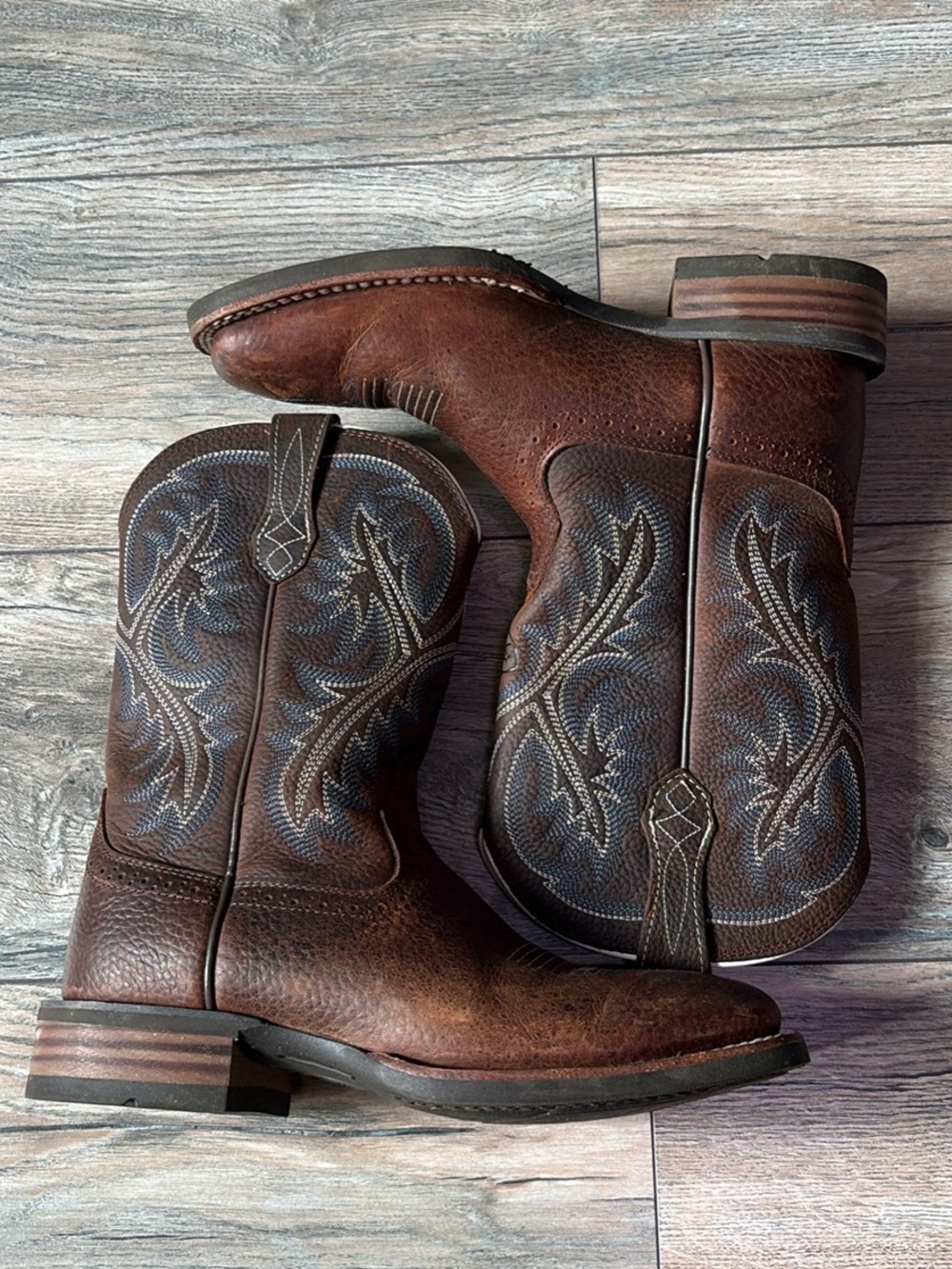 Ariat Brown Leather Cowboy Boots with Blue Stitching